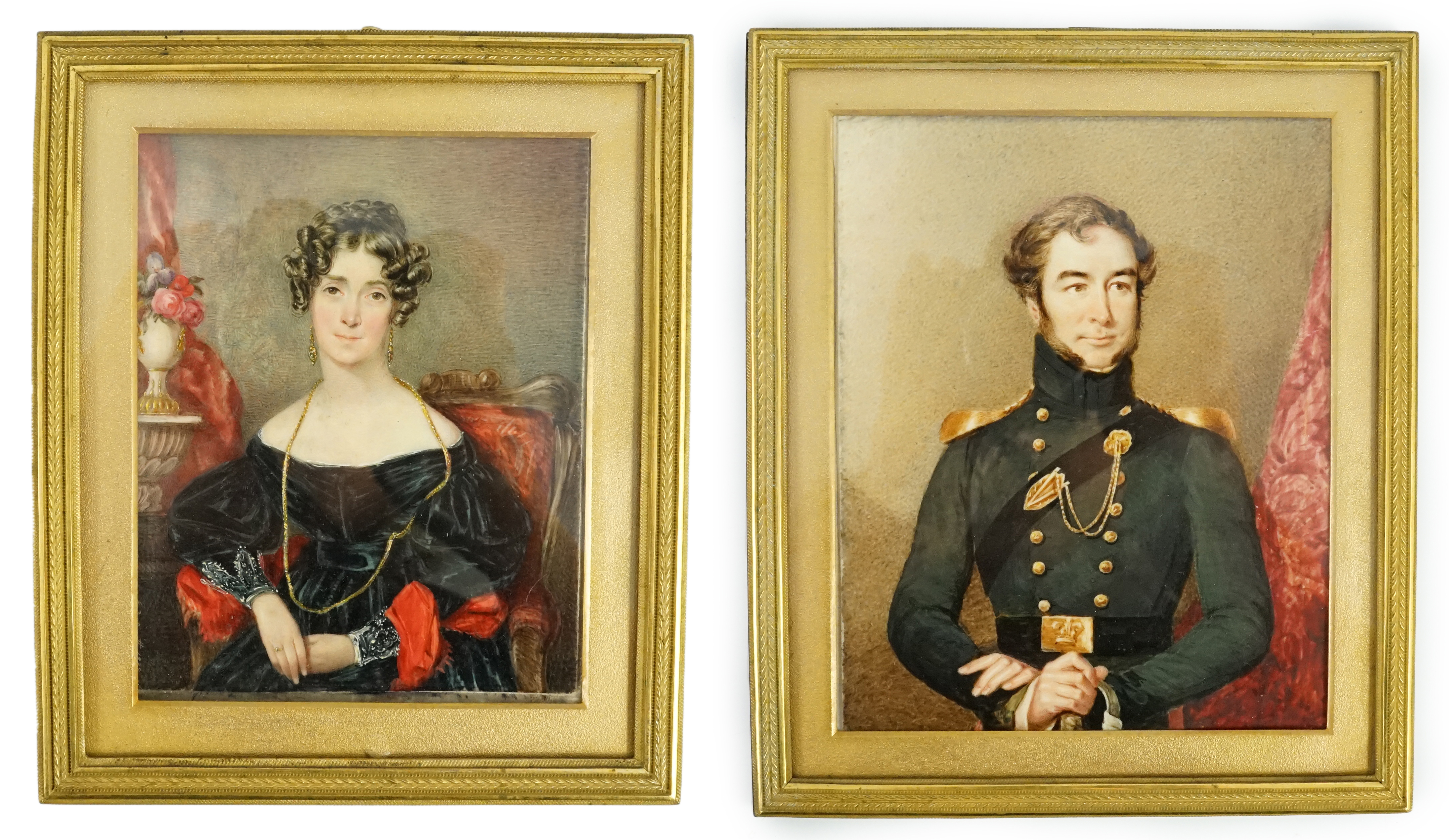 Edwin Dalton Smith (1800-1883), Portrait miniatures of an army officer and his wife, watercolour on ivory, 14.5 x 11.5cm. & 12 x 9.5cm. CITES Submission reference S92MNZHH